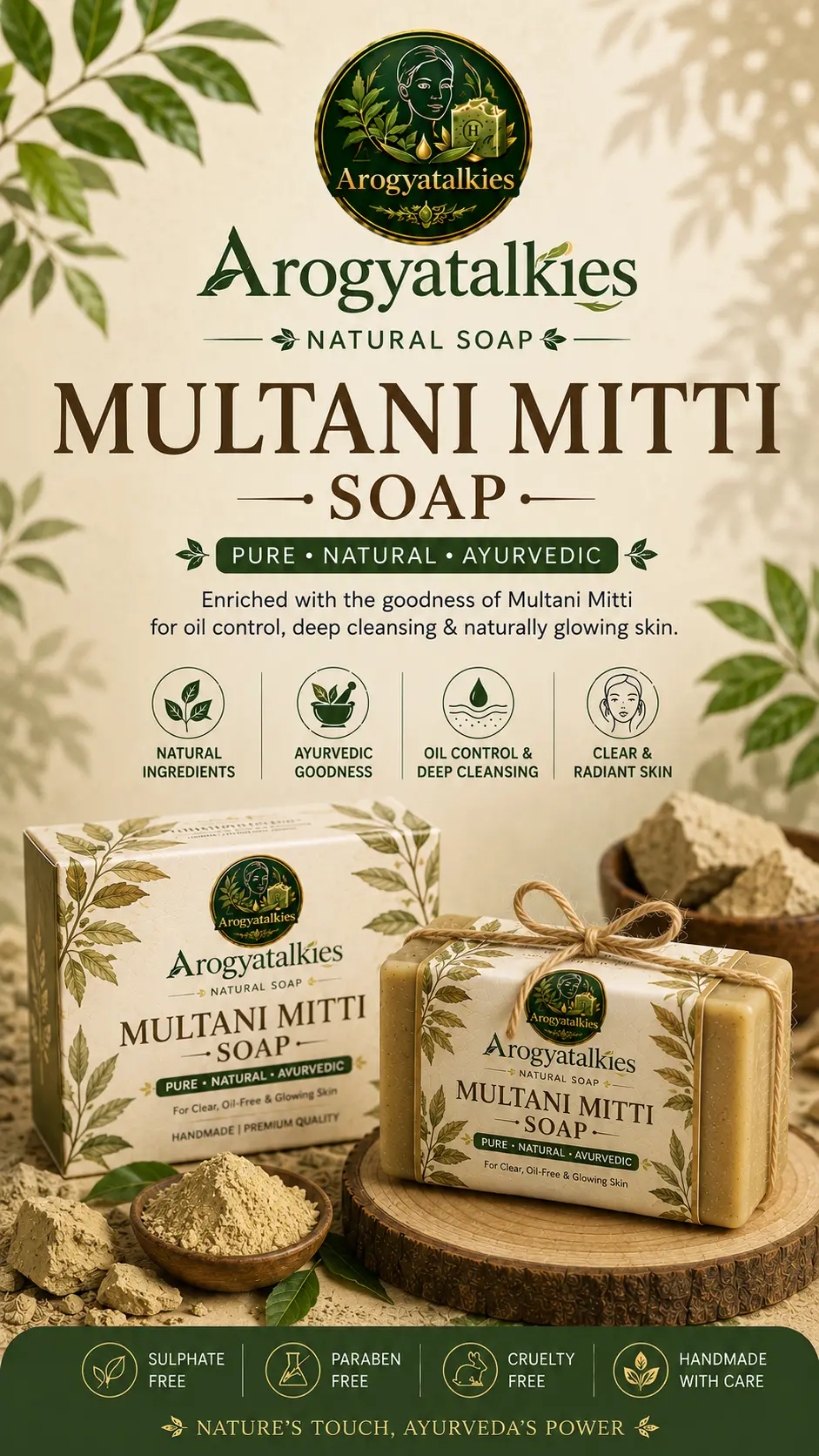 Handmade multani mitti clay soap bar with fuller's earth powder on white marble