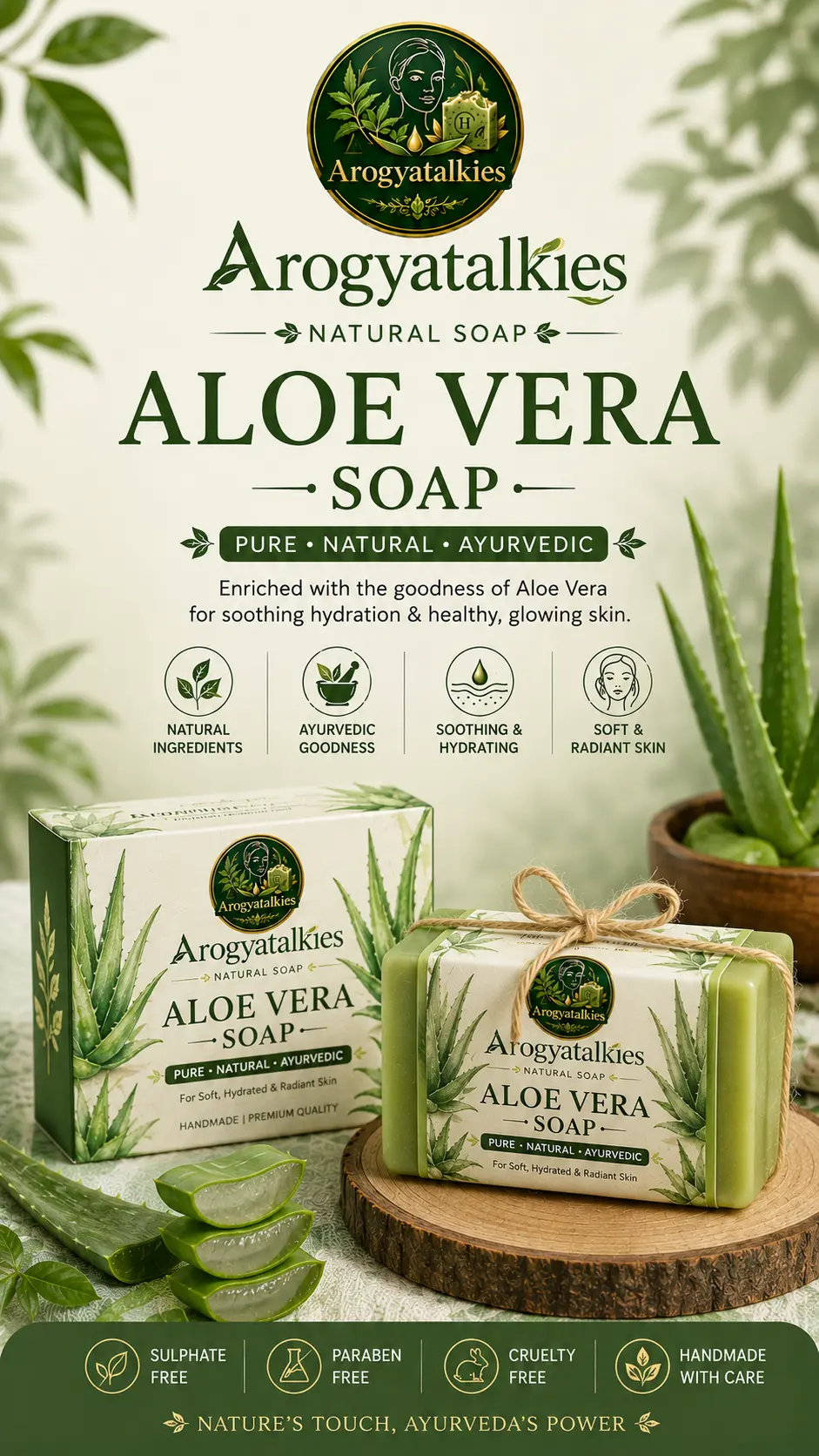 Translucent green handmade aloe vera soap bar with fresh aloe leaves on white marble