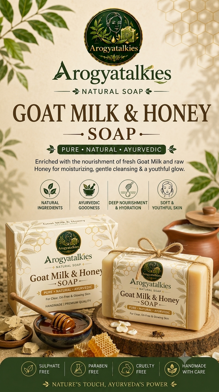 Creamy handmade goat milk and honey soap bar with honey drizzle on white marble