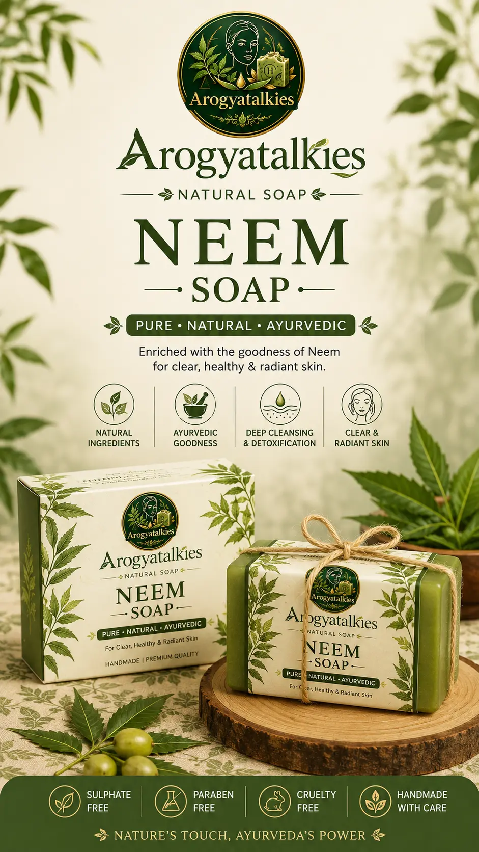 Olive green handmade neem soap bar with fresh neem leaves on white marble