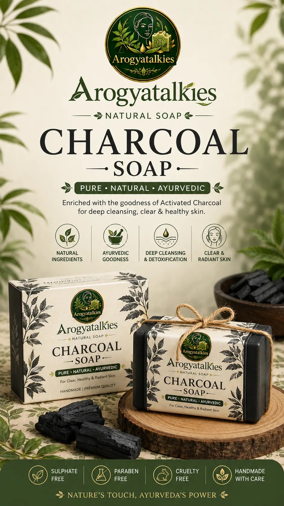 Matte black handmade activated charcoal soap bar with charcoal pieces on white marble