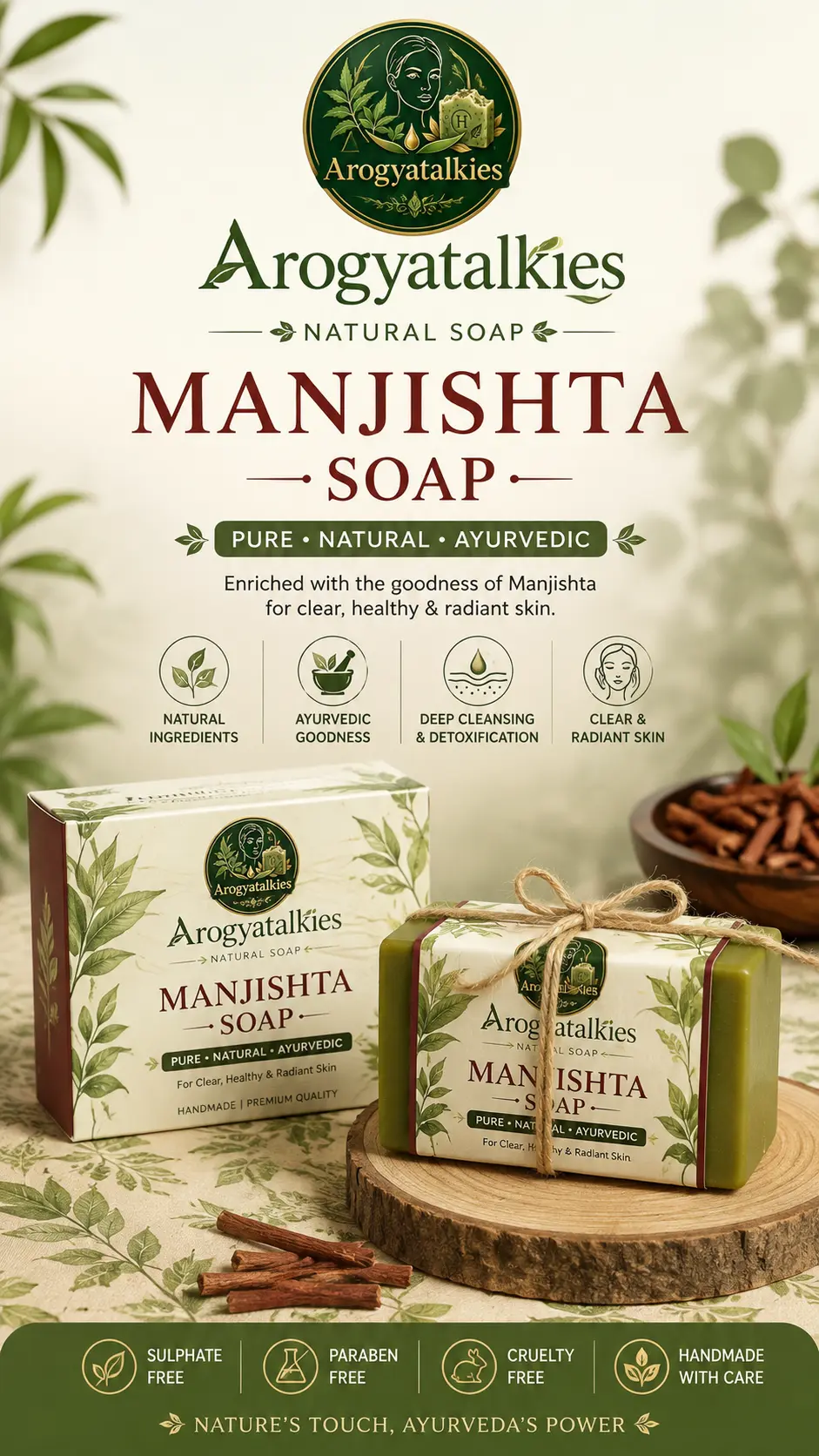 Pinkish reddish brown handmade Manjistha ayurvedic soap bar with dry manjistha roots and a wooden soap box on white marble