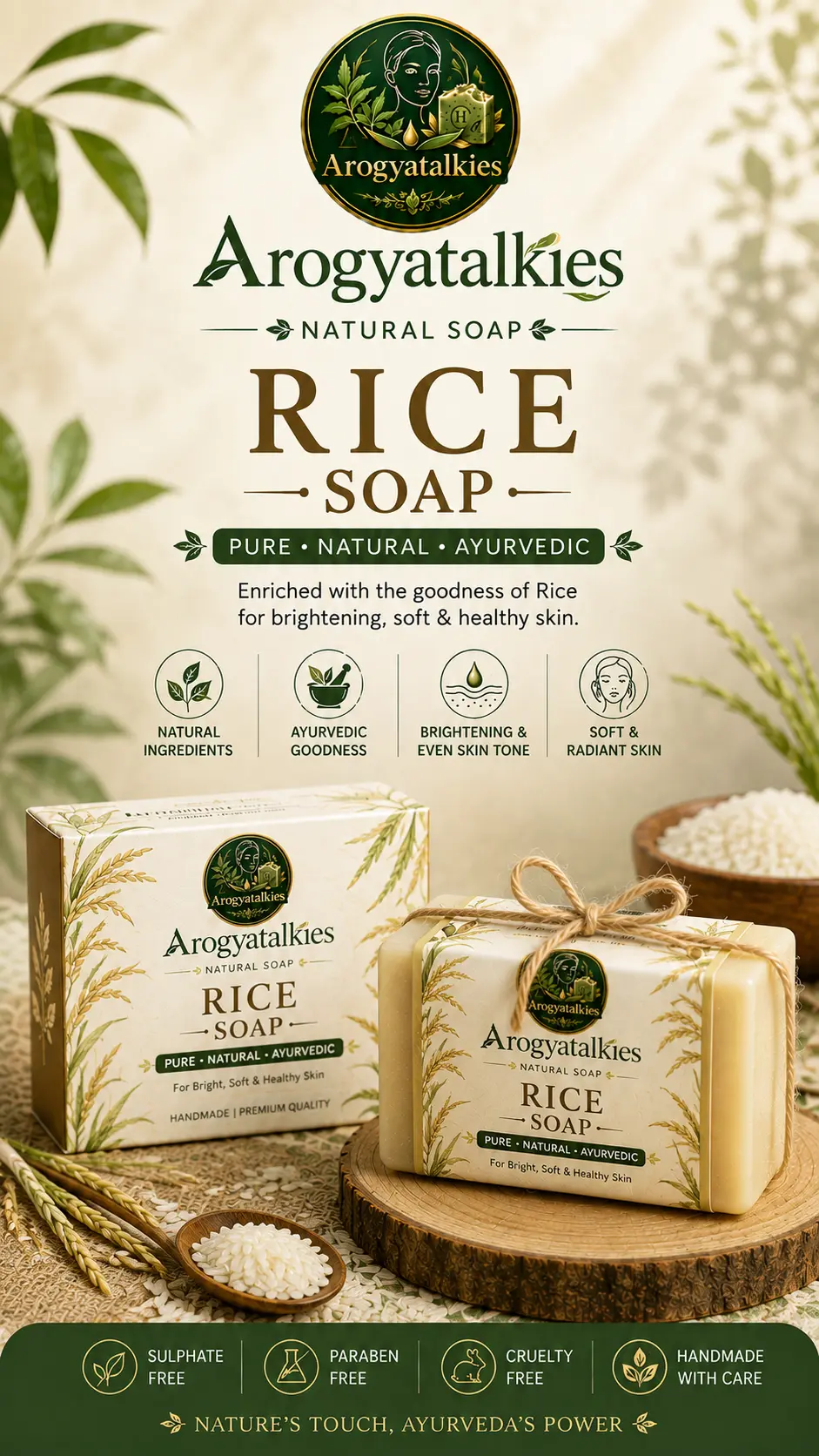 Milky white handmade rice soap bar surrounded by raw rice grains on white marble