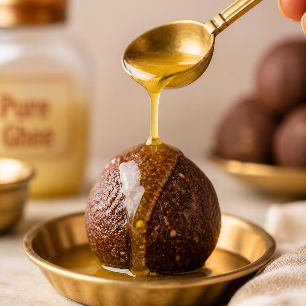 Pure ghee being poured over a ragi laddu