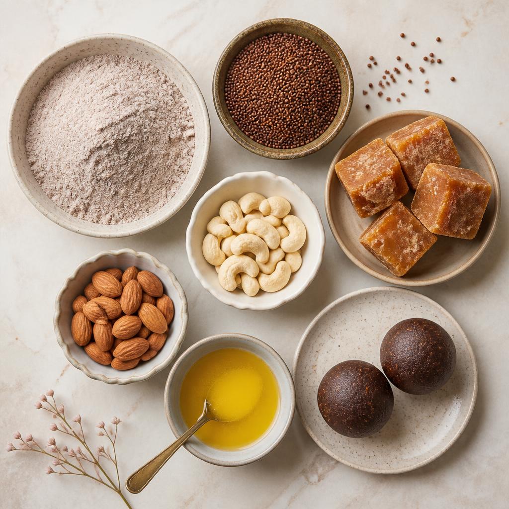 Ragi flour, organic jaggery, cashews, almonds and ghee ingredients